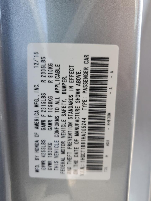 2017 HONDA ACCORD EXL